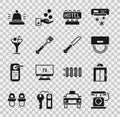 Set Telephone handset, Lift, Bellboy hat, Signboard with text Hotel, Fork, Martini glass, service bell and Knife icon