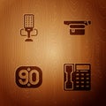 Set Telephone handset, Microphone, 90s Retro and Waist bag of banana on wooden background. Vector Royalty Free Stock Photo
