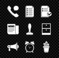 Set Telephone handset and speech bubble chat, File document, Document check mark, Megaphone, Alarm clock, Flowers in pot