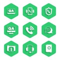 Set Telephone 24 hours support, Headphones, User manual, Speech bubble chat, Monitor with FAQ information, Question and