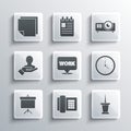 Set Telephone, Push pin, Clock, Location with text work, Chalkboard diagram, Hand for search people, Post note stickers