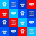 Set Telephone, Search in a browser window, Shopping basket and Bank check and pen icon. Vector