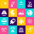 Set Telescope, Black hole, Planet Mars, UFO flying spaceship, Astronaut helmet, Space capsule, and rover icon. Vector Royalty Free Stock Photo
