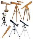 Set of telescopes. Collection of astronomical instruments for observing stars. Vector color illustration of telescopes