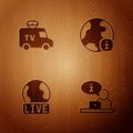 Set Television report, TV News car, Live and World news on wooden background. Vector Royalty Free Stock Photo