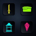 Set Temaki roll, Japanese katana, Japan Gate and Sushi. Black square button. Vector