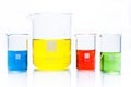 Set of temperature resistant cylindrical beakers with color liquid