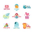 Set templae design color logo for baby store. Symbol, label and badge for children shop with element newborn stuff Royalty Free Stock Photo