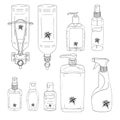 Set template bottle antiseptic hands. Personal hygiene product. Sanitizer dispenser disinfects, protects coronavirus bacteria.