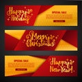 Set Template Design Merry Christmas Horizontal Banner. Flyer With Shiny Gold Background