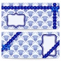 Set template greeting or gift cards with blue flowers in the style of oriental paintings. Openwork ribbon and satin bow. Royalty Free Stock Photo