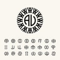 Set template letters to create monograms of two letters in scribed in a circle in Art Nouveau style.