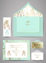Set of Template wedding invitation and envelope with floral golden ornament. Royalty Free Stock Photo
