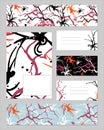 Set of templates for cards, banners and bookmarks with abstract texture. Multicolored pattern of blots, branches and dots. Royalty Free Stock Photo