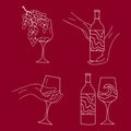 Set of templates drawing glasses with wine and bottle .Vector illustration. White drawing, party celebration, cute glass Royalty Free Stock Photo