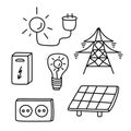 A set of templates for illustrations of energy types, icon design. Alternative energy, renewable energy sources. Doodle Royalty Free Stock Photo