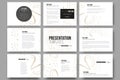 Set of 9 templates for presentation slides. Abstract polygonal low poly backdrop with connecting dots and lines, golden