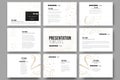 Set of 9 templates for presentation slides. Abstract polygonal low poly backdrop with connecting dots and lines, golden