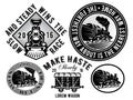 Set of templates with retro locomotive, wagon, vintage train, logotype, illustration to topic railroad Royalty Free Stock Photo