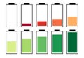 A set of ten batteries with different charge indicators