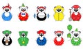 Set of ten cute cartoon vector illustrations of panda bear with bandana, coffee, birthday present, tools and funny clothes Royalty Free Stock Photo