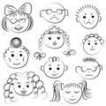 Set of ten cute kids. Funny children drawings of faces. Sketch style