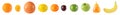 A set of ten different whole fruits. Citrus grapefruit, orange,