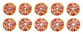 Set of ten fractions made of pizza cut into pieces isolated on white background