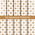 Set of ten golden japanese seamless vector patterns with flower design. design for packaging, covers, textile Royalty Free Stock Photo