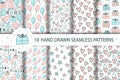 Set of ten hand drawn seamless patterns with cute gifts, balloons, flags, stars, hearts, flowers. Illustration collection vector Royalty Free Stock Photo