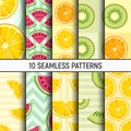 Set of ten lemon, orange, kiwi, watermelon slices seamless patterns. Cute style