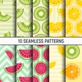 Set of ten lemon, orange, kiwi, watermelon slices seamless patterns. Cute style