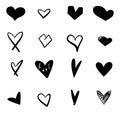 Set of ten outline hand drawn heart icon.Hand drawn doodle grunge heart vector set.Rough marker hearts isolated on white backgroun