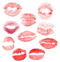 Set of ten red lips imprint isolated on white Royalty Free Stock Photo