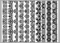 Set of ten seamless endless decorative lines. Indian decoration border elements patterns in black and white colors. Could be use Royalty Free Stock Photo