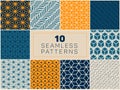 Set of Ten Vector Seamless Hand Drawn Rough Geometric Line Patterns In Blue Navy and Yellow Colors