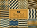 Set of Ten Vector Seamless Hand Drawn Rough Line Geometric ZigZag Chevron Patterns in Yellow and Blue Color