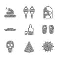 Set Tequila bottle and glass, Nachos, Sun, Flip flops, Skull, Mustache, Mexican wrestler and Snake icon. Vector