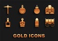 Set Tequila bottle, Gold bars, Wild west covered wagon, Bullet, Bomb ready to explode, Pickaxe and Canteen water icon