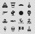 Set Tequila bottle, Mexican man sombrero, Skull, Mustache, Cactus, Revolver gun, Chichen Itza in Mayan and Sun icon