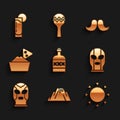 Set Tequila bottle, Volcano eruption with lava, Sun, Mexican wrestler, Nachos in bowl, Mustache and glass lemon icon