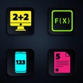 Set Test or exam sheet, Equation solution, Mobile calculator interface and Function mathematical symbol. Black square