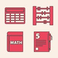 Set Test or exam sheet and pen, Calculator, Abacus and Book with word mathematics icon. Vector