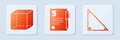 Set Test or exam sheet and pen, Geometric figure Cube and Triangle math. White square button. Vector