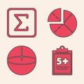 Set Test or exam sheet, Sigma symbol, Graph, schedule, chart, diagram and Geometric figure Sphere icon. Vector