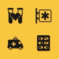 Set Test tube with blood, Pills in blister pack, Ambulance car and Emergency - Star of Life icon with long shadow