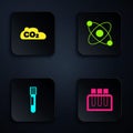 Set Test tube, CO2 emissions in cloud, and Atom. Black square button. Vector Royalty Free Stock Photo