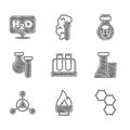 Set Test tube and flask, Alcohol or spirit burner, Chemical formula, Molecule, Poison in bottle and H2O icon. Vector