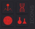 Set Test tube and flask, Bacteria bacteriophage, DNA symbol and Virus icon. Vector