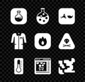 Set Test tube and flask, Broken, Medical thermometer, Chemical online, Gaseous, Laboratory uniform and Fire flame icon